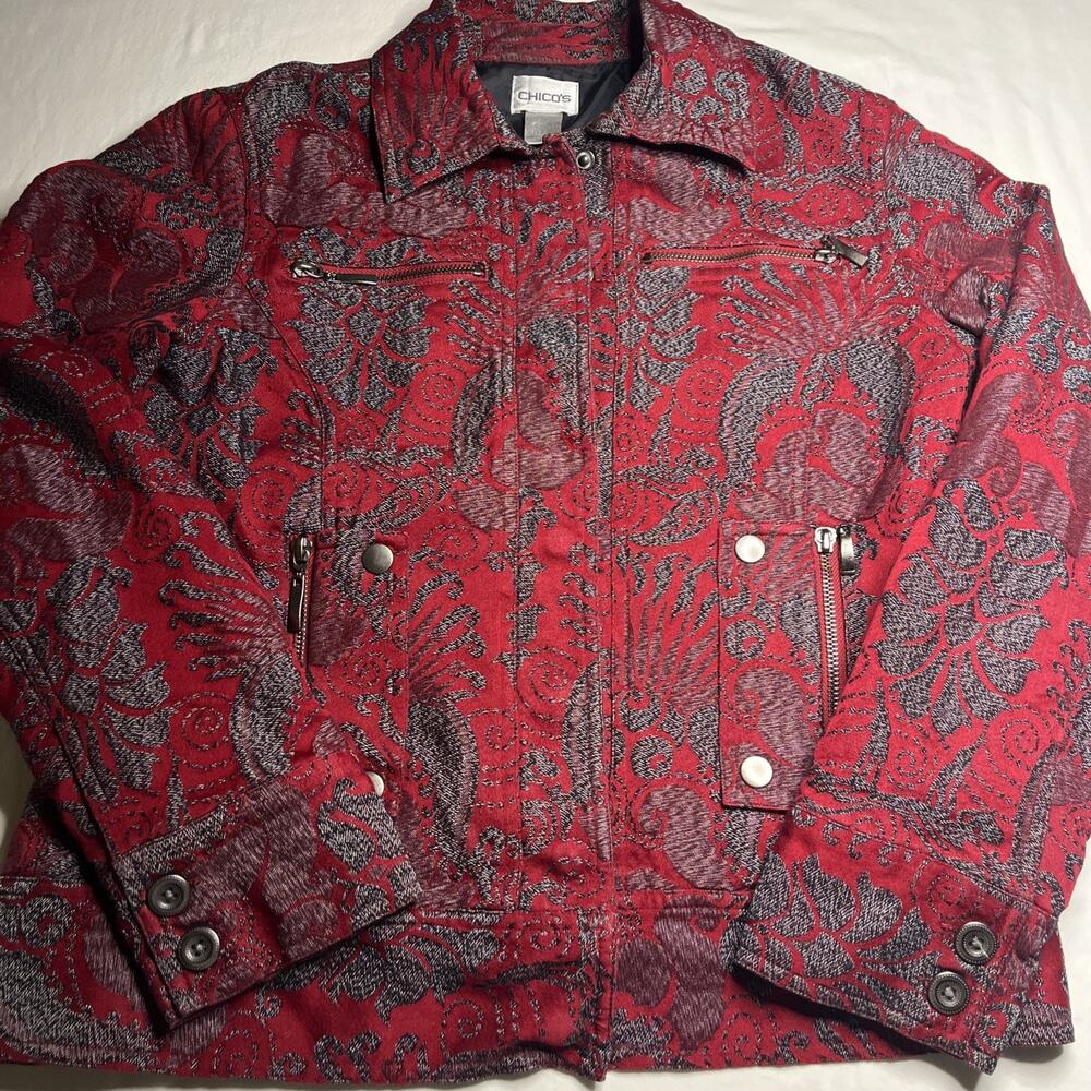 Chico's Size 0 Red Gray Jacquard Paisley Tapestry Utility Jacket Small US 4-6